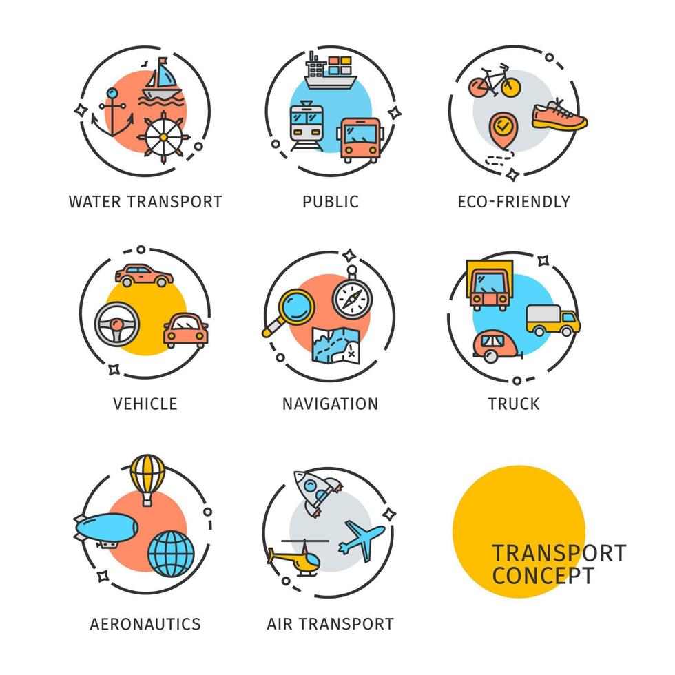 conjunto de etiquetas de iconos de línea delgada de concepto de transporte. vector