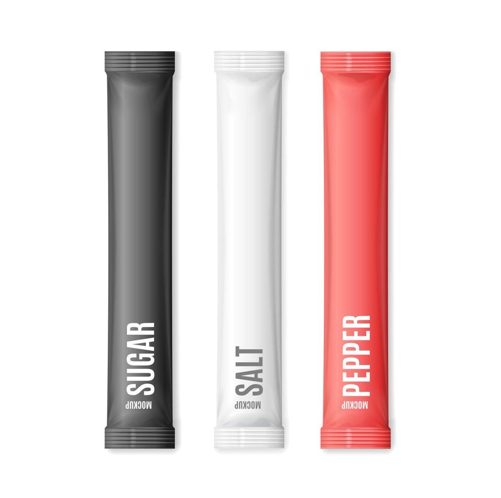 Realistic Detailed 3d Matte Sachet Stick Sugar, Salt and Pepper Set. Vector