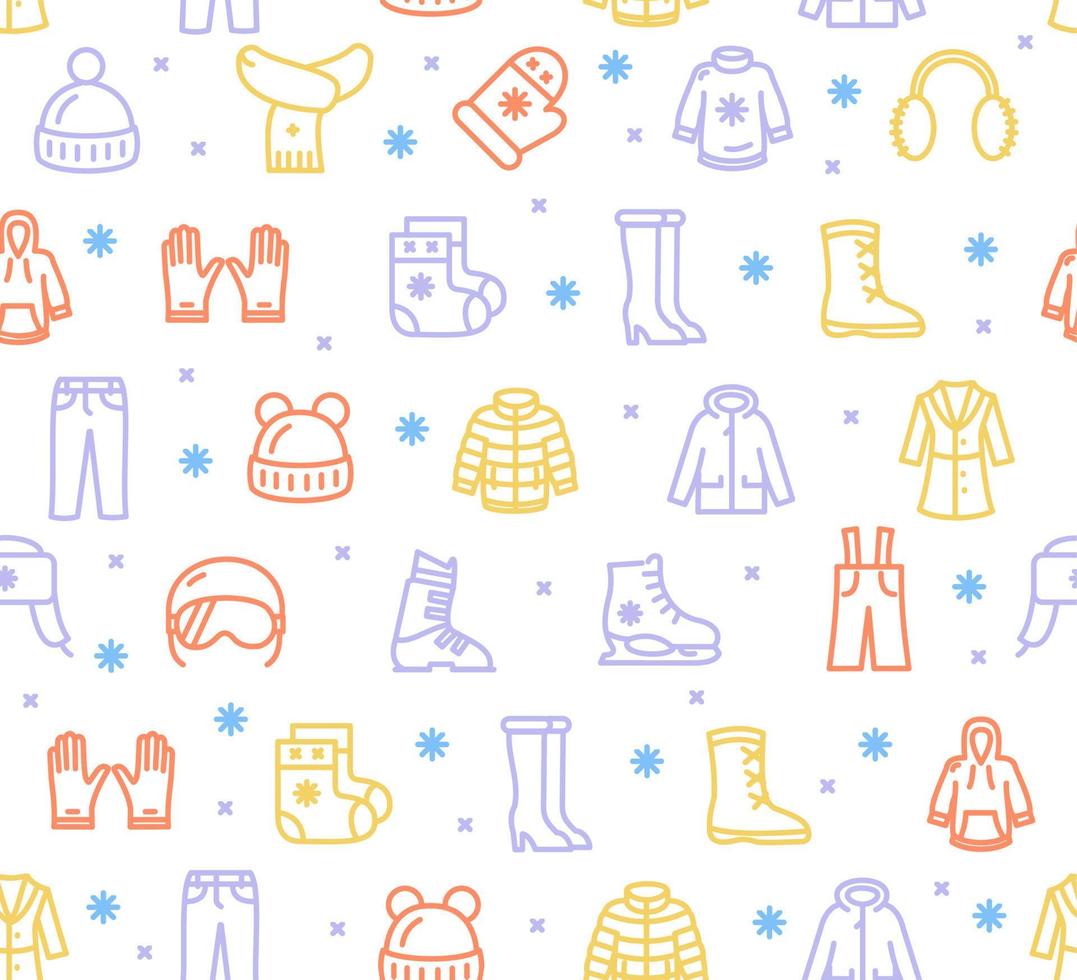 Winter Clothes Sign Color Thin Line Sign Seamless Pattern Background. Vector