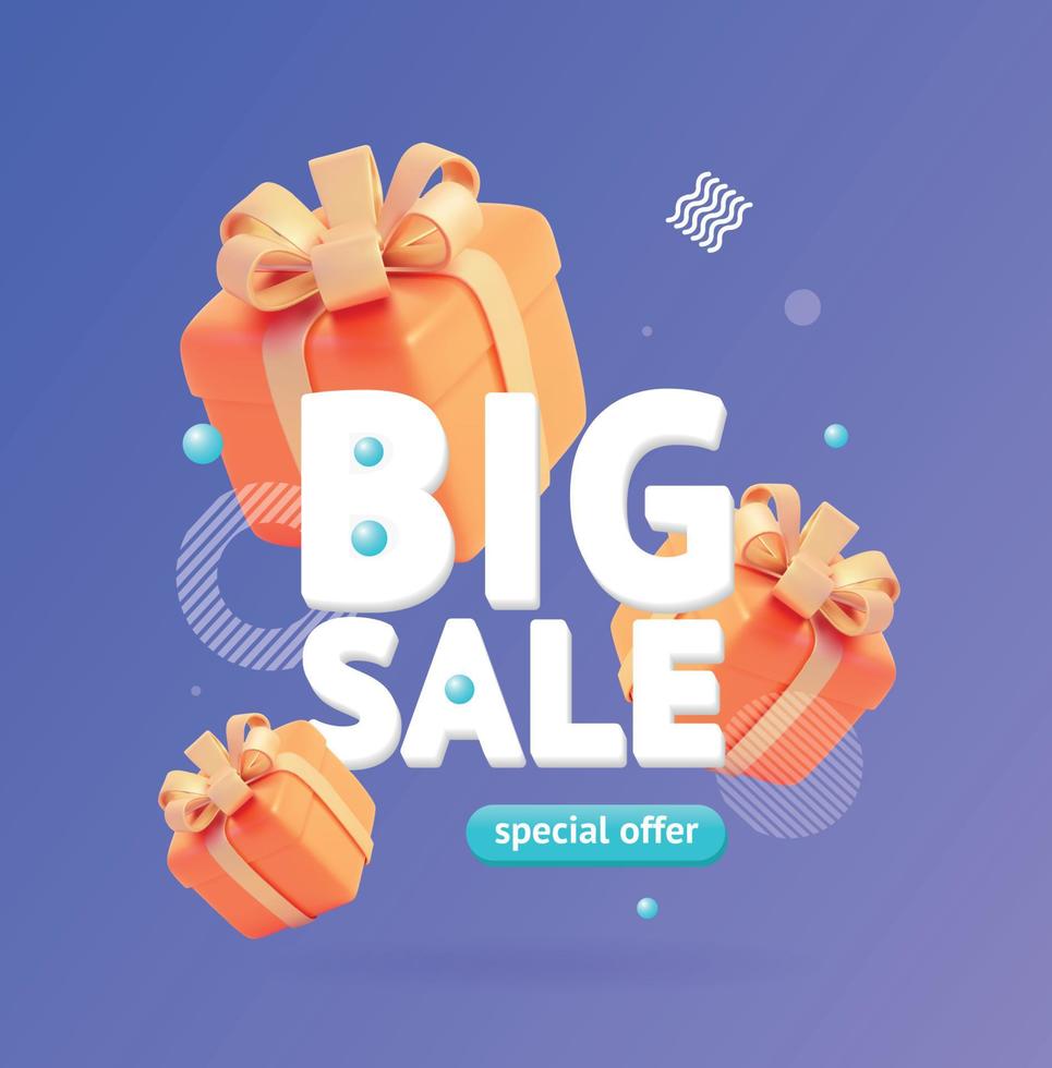 Big Sale Poster Banner Card with Realistic Detailed 3d Present Box and Abstract Memphis Style Elements. Vector