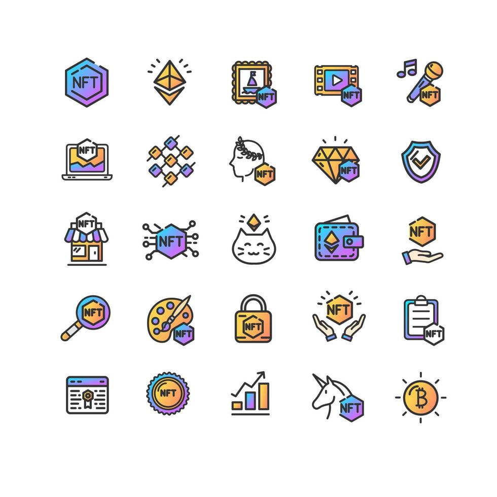 conjunto de iconos de línea delgada de color de signo criptográfico nft. vector