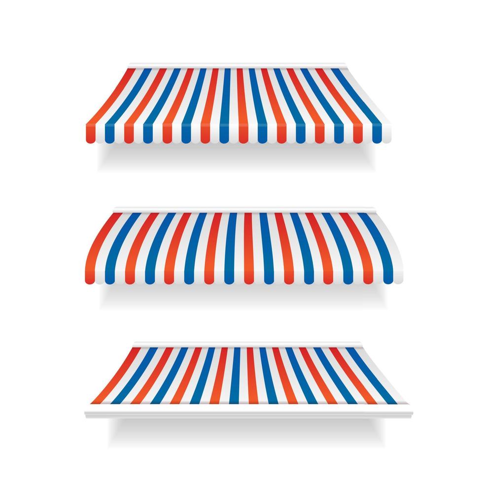 Realistic Detailed 3d Striped Awning Tent Set. Vector