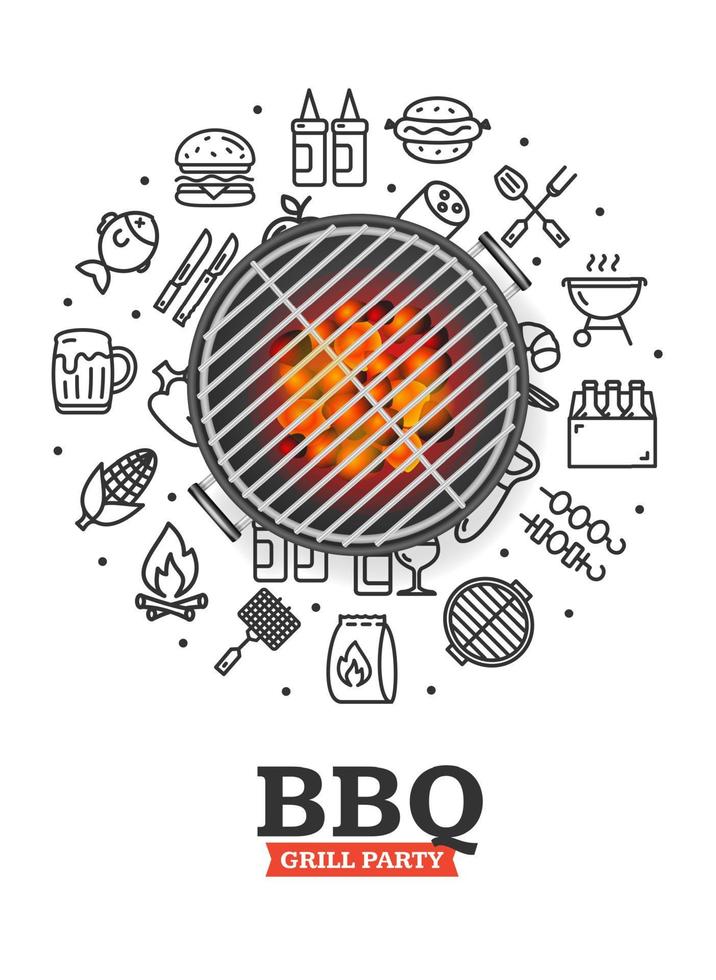 concepto de invitación a la fiesta de barbacoa con parrilla de barbacoa 3d detallada y realista. vector