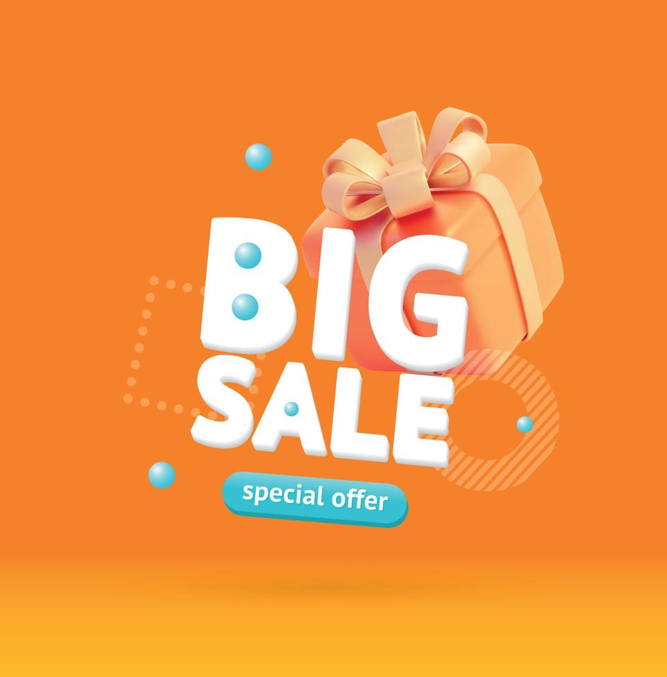 Big Sale Poster Banner Card with Realistic Detailed 3d Present Box and Abstract Memphis Style Elements. Vector