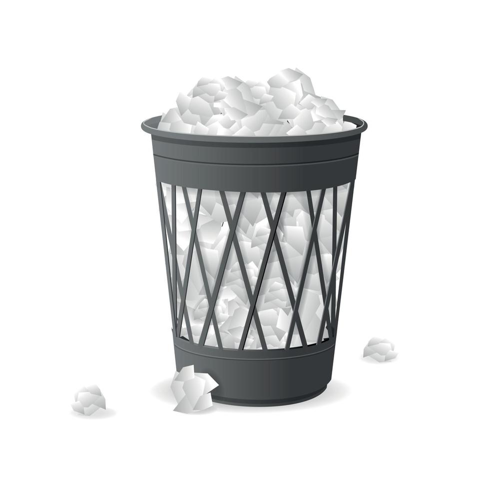 Realistic Detailed 3d Trash Can Full Crumpled Papers. Vector