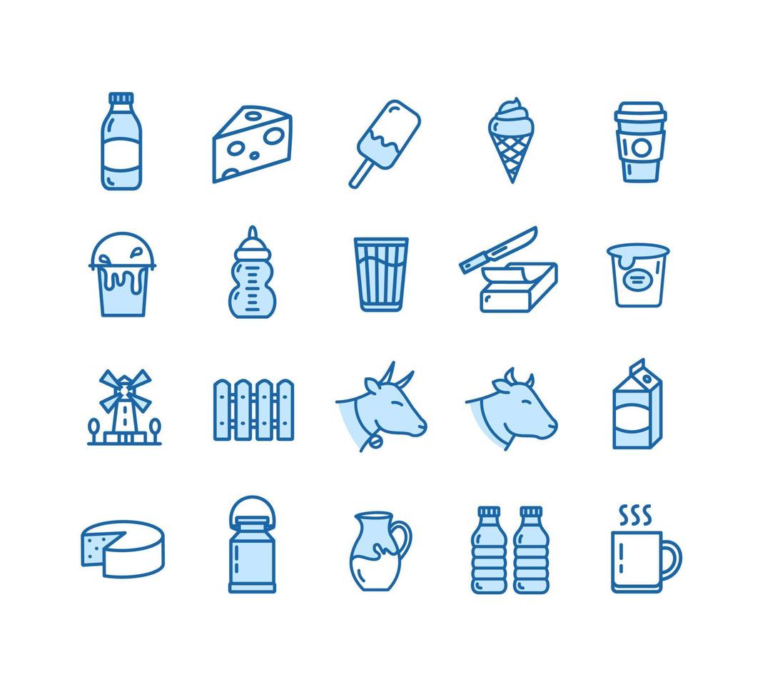 Fresh Milk Dairy Product Blue Thin Line Icon Set. Vector