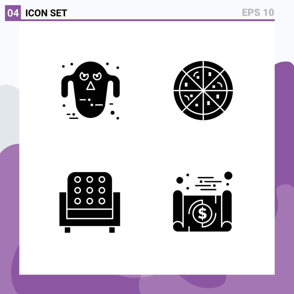 Mobile Interface Solid Glyph Set of 4 Pictograms of ghost sofa scary furniture document Editable Vector Design Elements