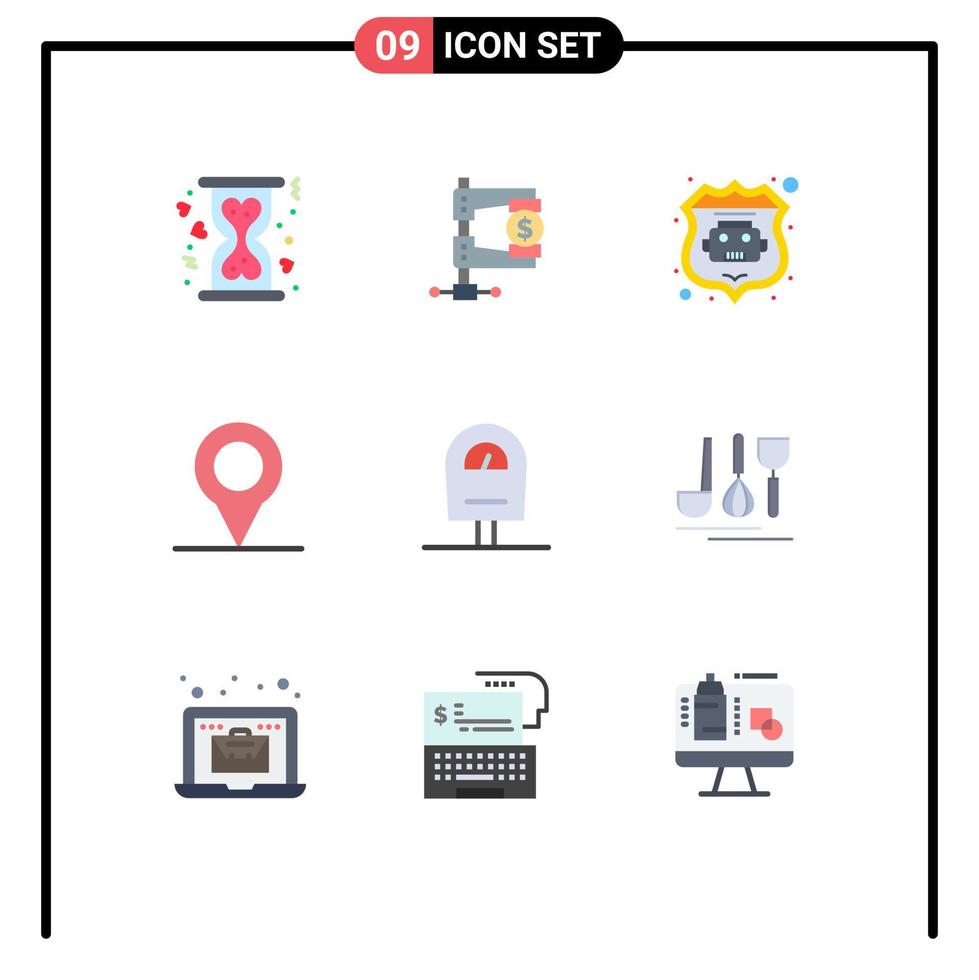 Mobile Interface Flat Color Set of 9 Pictograms of cutlery meter reform machine location Editable Vector Design Elements