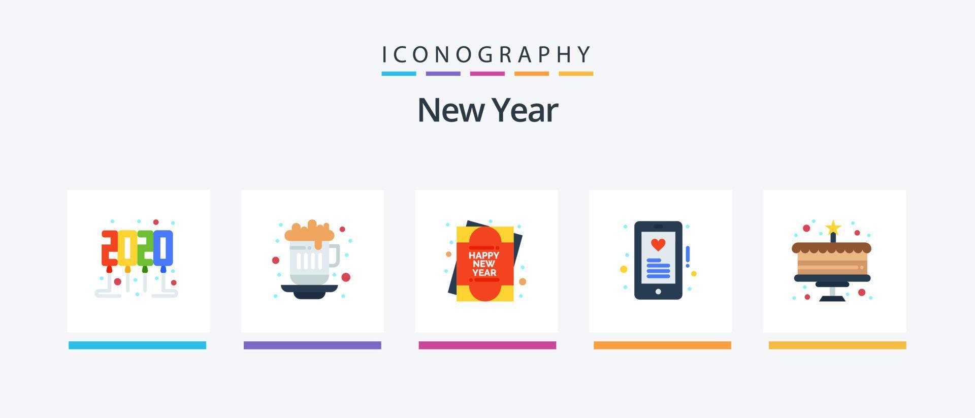 paquete de iconos planos de año nuevo 5 que incluye. celebracion. tarjeta de felicitación. pastel. amar. diseño de iconos creativos vector