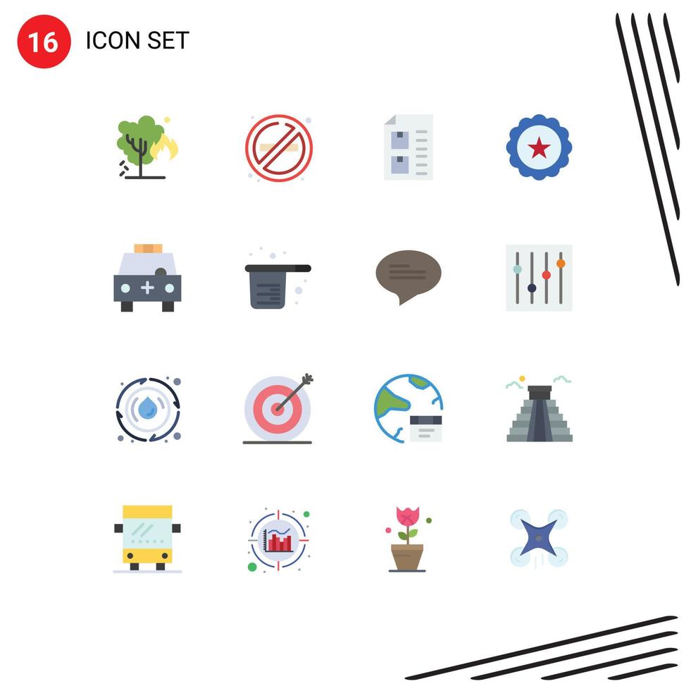 Mobile Interface Flat Color Set of 16 Pictograms of ambulance sign check drink paper Editable Pack of Creative Vector Design Elements