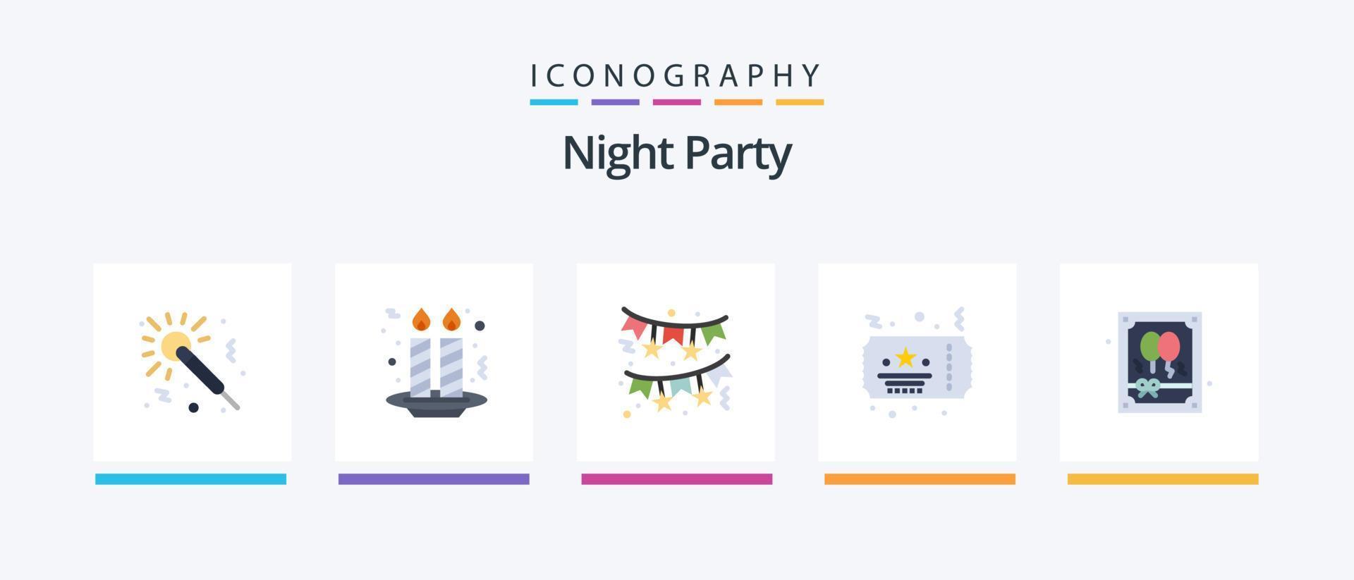 paquete de iconos de 5 pisos de fiesta nocturna que incluye globo. fiesta. arco. noche. boleto. diseño de iconos creativos vector