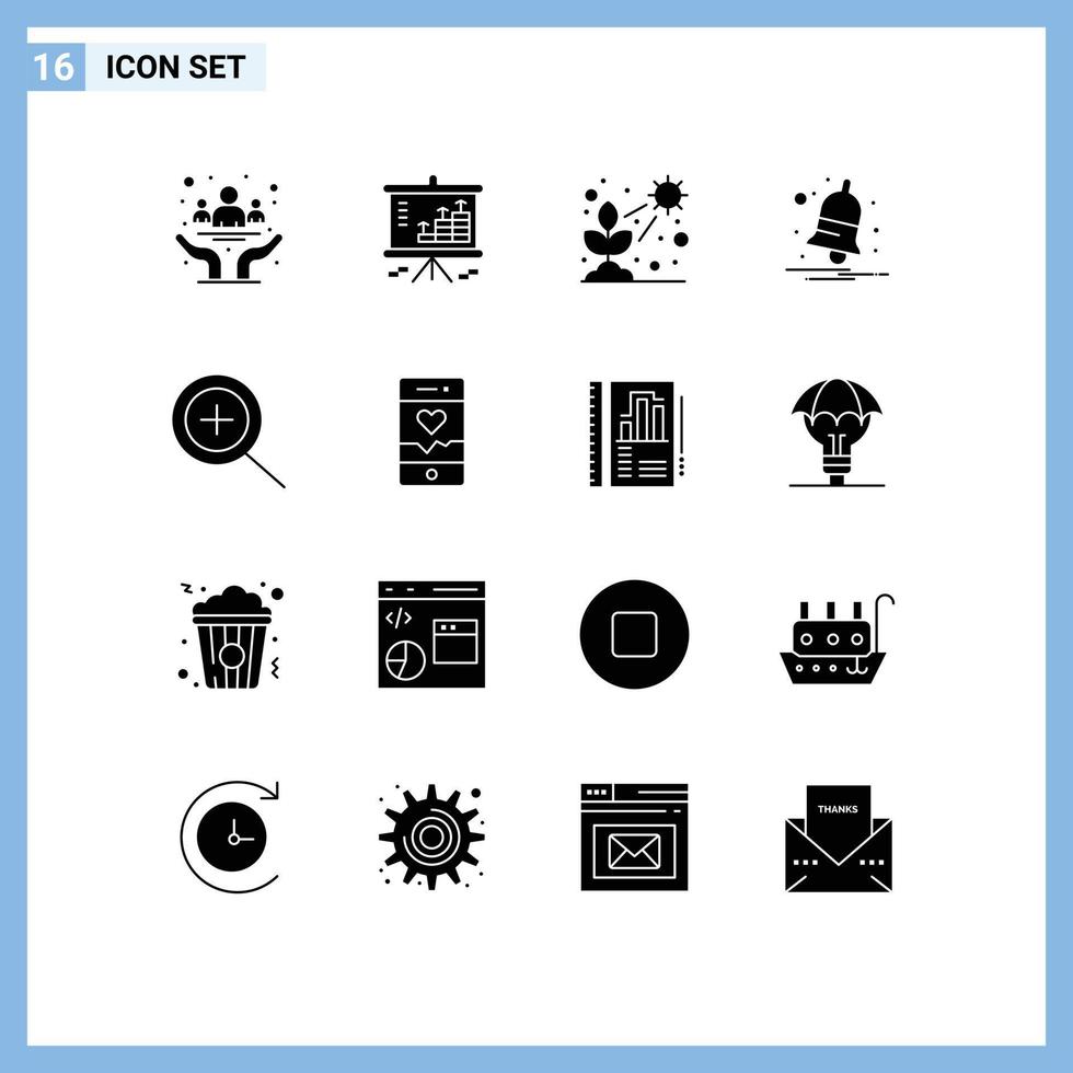 grupo de 16 signos y símbolos de glifos sólidos para notificar gráficos de campana que crecen elementos de diseño de vectores editables ligeros