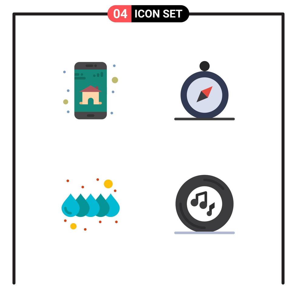 paquete de iconos planos de 4 símbolos universales de aplicación agua navegación de aplicaciones móviles elementos de diseño vectorial editables musicales vector