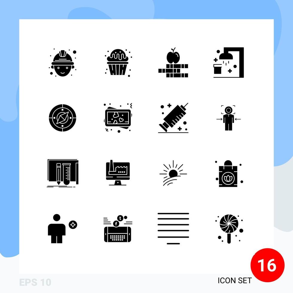 Set of 16 Vector Solid Glyphs on Grid for compass navigation apple sport clean Editable Vector Design Elements