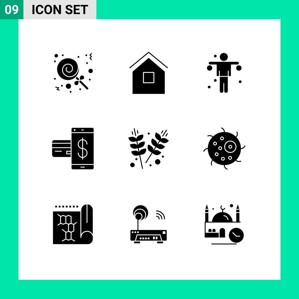 Modern Set of 9 Solid Glyphs and symbols such as agriculture financial dumbbell credit card Editable Vector Design Elements