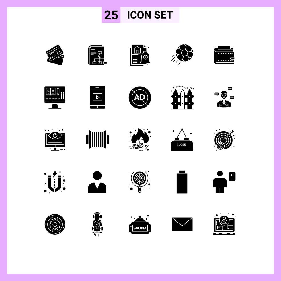 25 Universal Solid Glyphs Set for Web and Mobile Applications ball soccer graph mortgage financial Editable Vector Design Elements