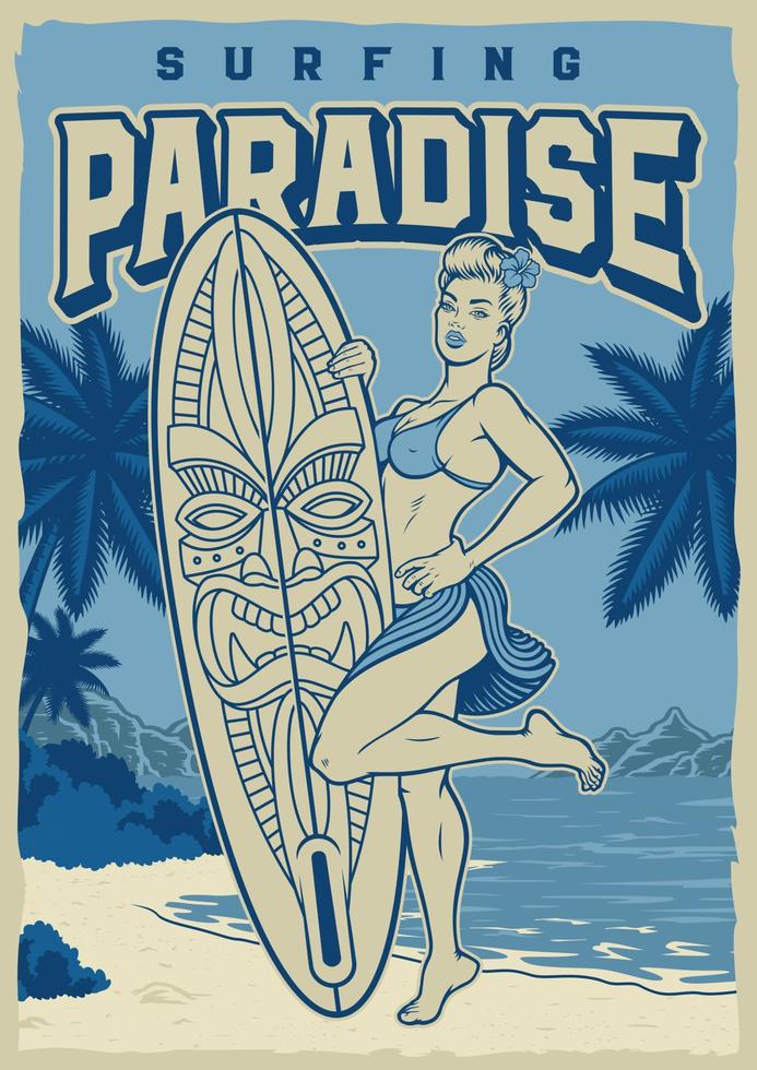 Monochrome surf vintage poster with a pin up girl vector