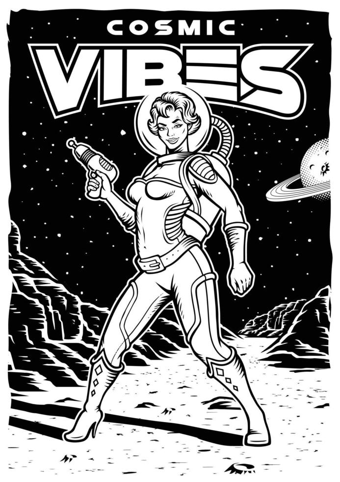 Afiche vintage en blanco y negro con pin up chica astronauta con arma espacial vector