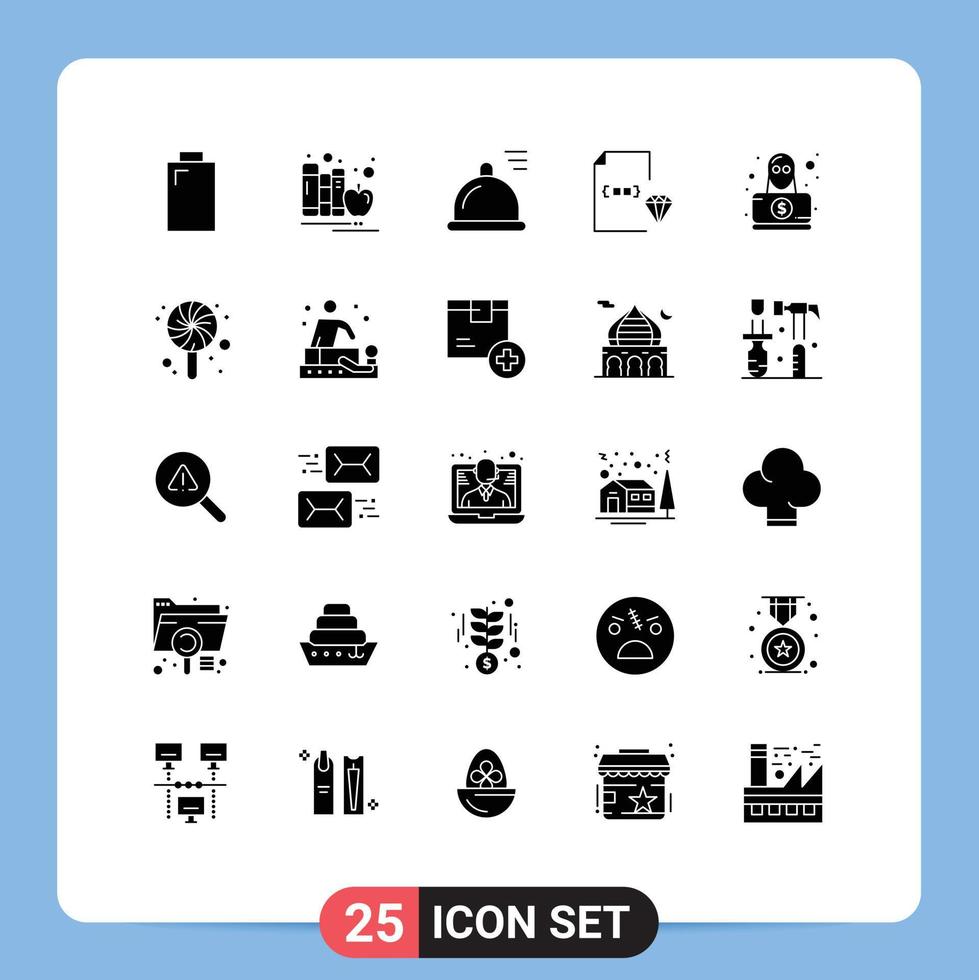 Mobile Interface Solid Glyph Set of 25 Pictograms of hacker file food document develop Editable Vector Design Elements