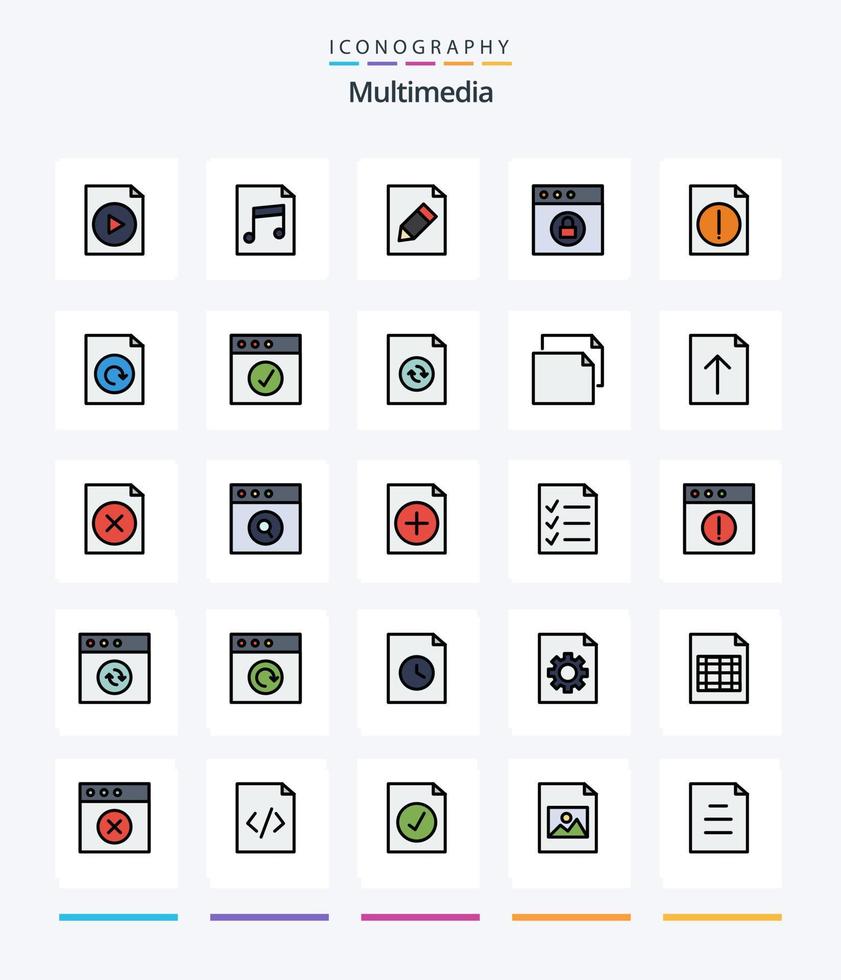 paquete de iconos llenos de 25 líneas multimedia creativas, como recargar. documento. lápiz. expediente. alerta vector