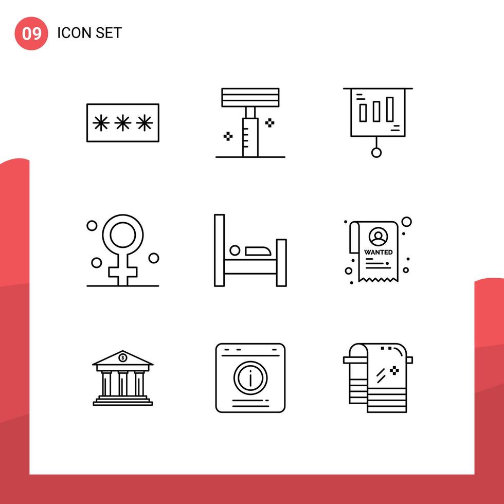 Universal Icon Symbols Group of 9 Modern Outlines of bed healthcare salon female sale Editable Vector Design Elements