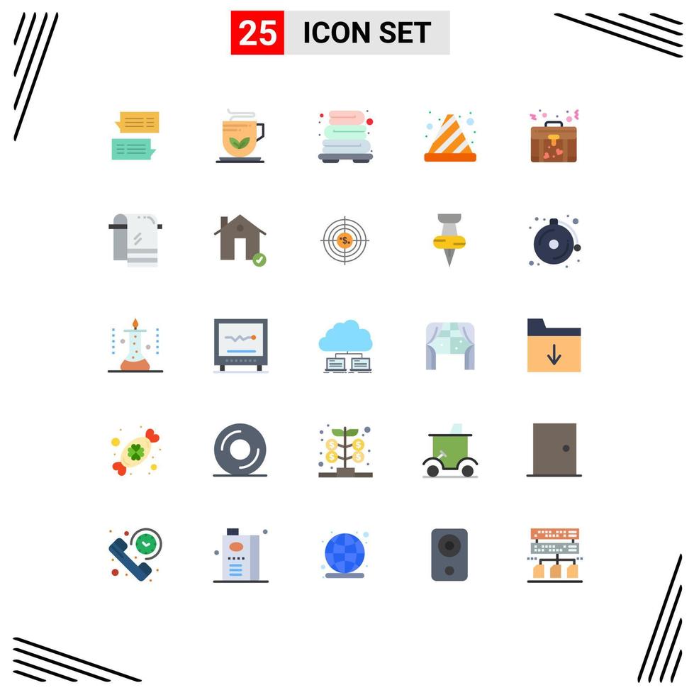 paquete de 25 signos y símbolos modernos de colores planos para medios de impresión web, como elementos de diseño de vectores editables de cono de tráfico de maletín