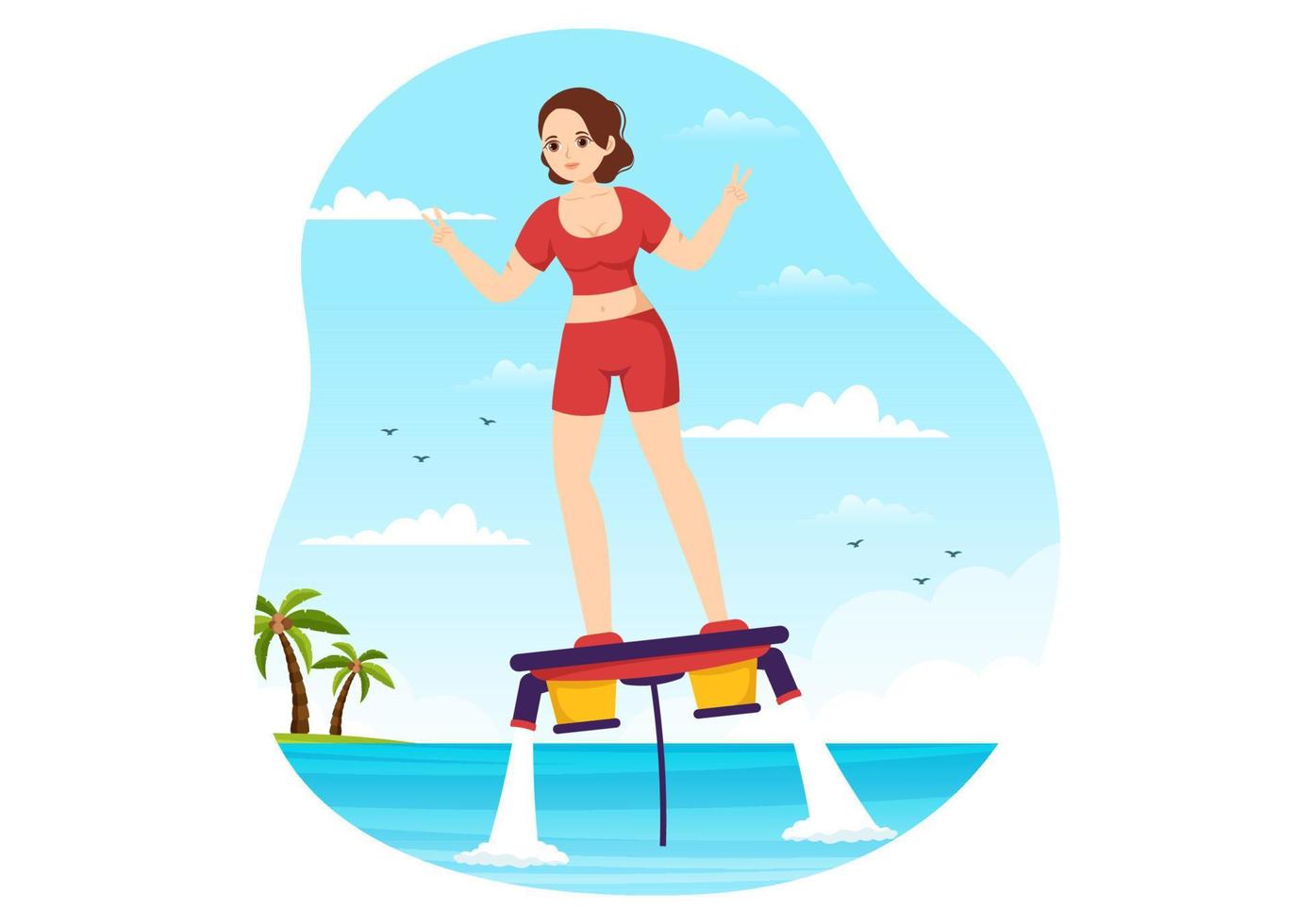 ilustración de flyboard con personas montando jet pack en vacaciones de verano en la playa en plantillas dibujadas a mano de dibujos animados de actividades deportivas acuáticas extremas planas vector