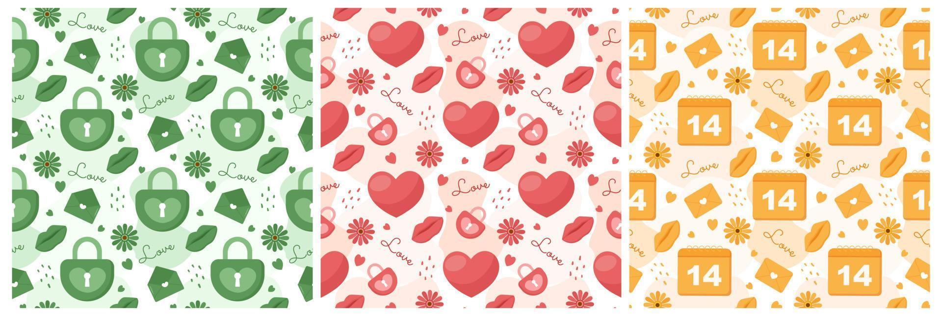 Set of Happy Valentines Day Seamless Pattern Design Love Greeting Card Template Hand Drawn Cartoon Flat Illustration vector