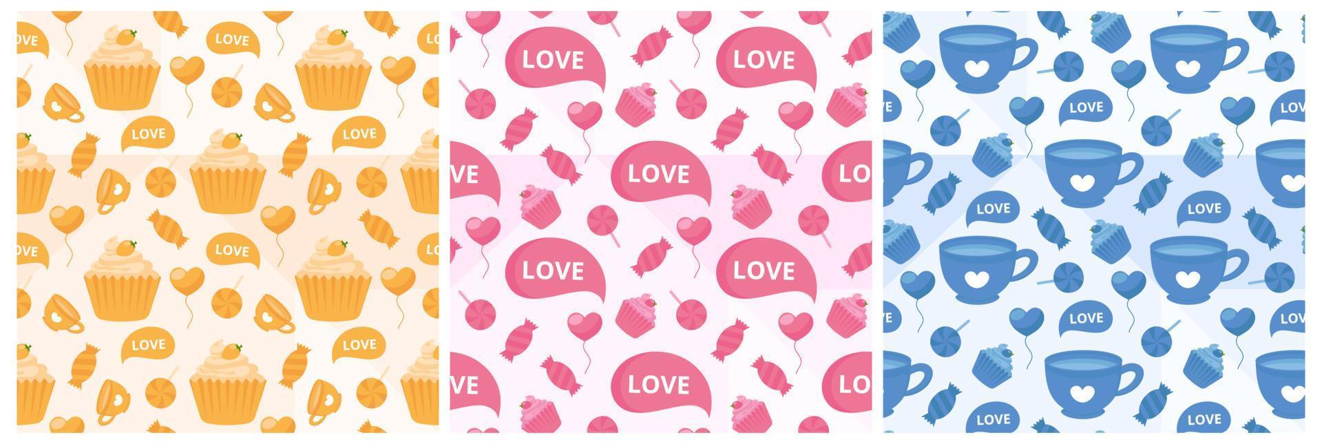Set of Happy Valentines Day Seamless Pattern Design Love Greeting Card Template Hand Drawn Cartoon Flat Illustration vector