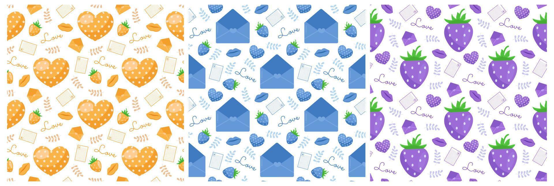 Set of Happy Valentines Day Seamless Pattern Design Love Greeting Card Template Hand Drawn Cartoon Flat Illustration vector