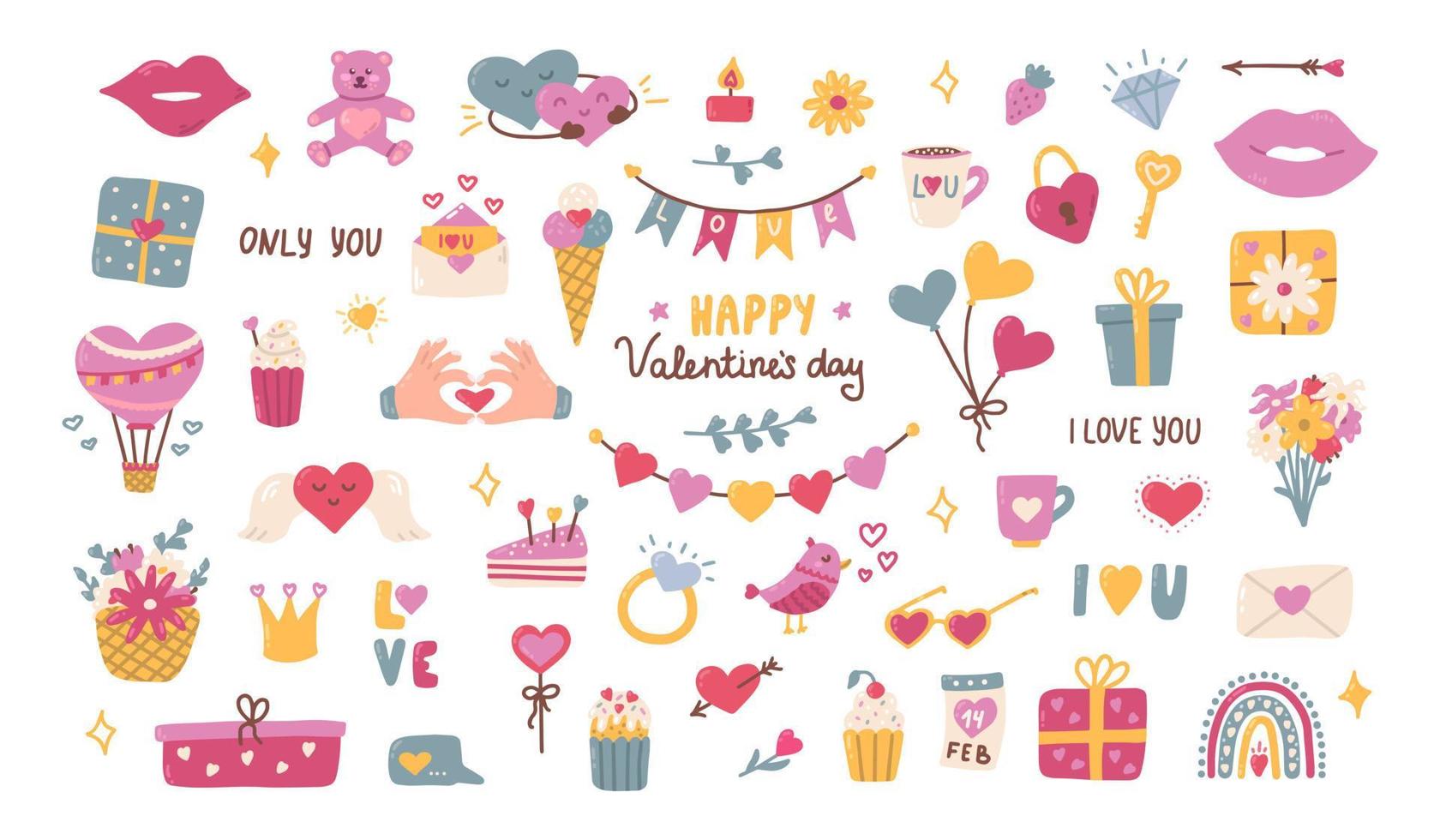 establecer elementos para el día de san valentín. corazón, globo, regalo, beso y otros elementos decorativos con letras. ilustración plana en estilo dibujado a mano vector