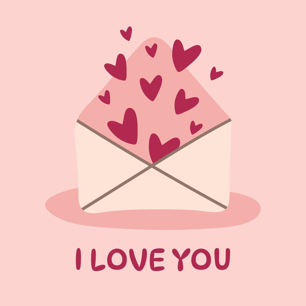 Hand drawn valentines day card with envelope full of hearts. I love text. Festive card,poster or print vector