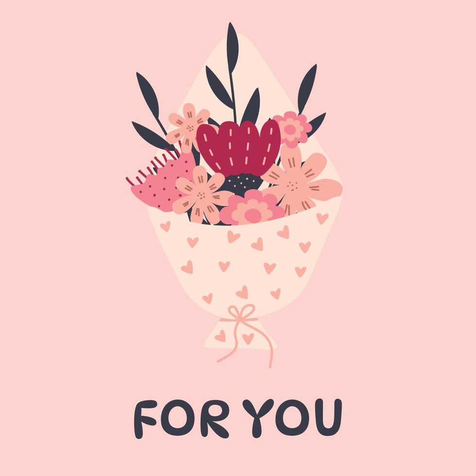 Linda tarjeta con texto para ti y ramo de flores sobre fondo rosa. tarjeta de felicitación para cumpleaños, día de san valentín, 8 de marzo, etc. vector