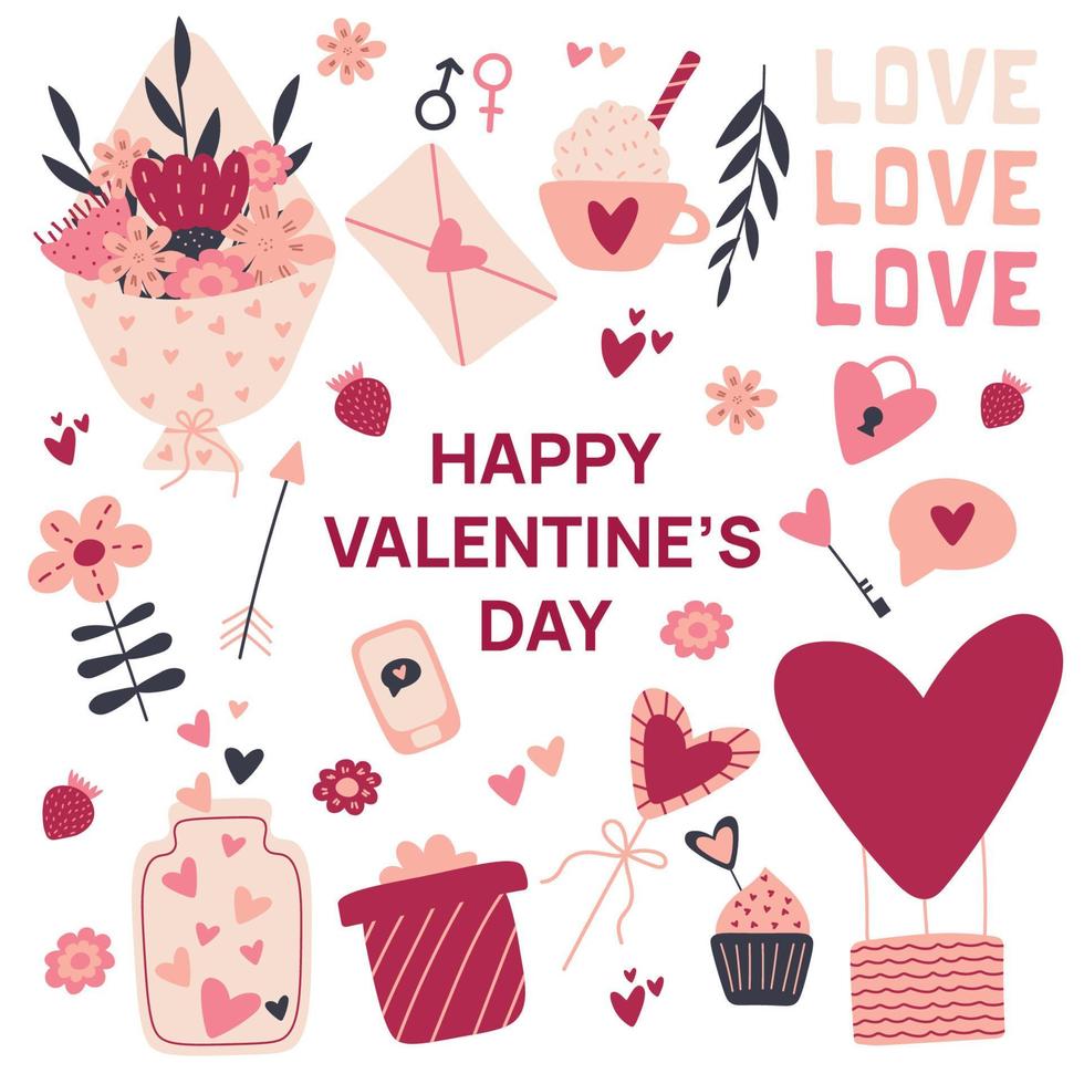 Set of elements for st. Valentines day in handdrawn style on white background in pink,purple and viva magenta. vector