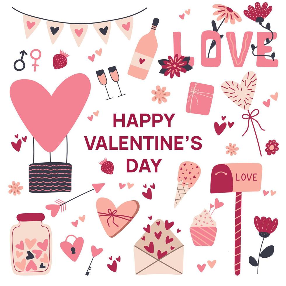 Set of elements for st. Valentines day in handdrawn style on white background in pink,purple and viva magenta. vector