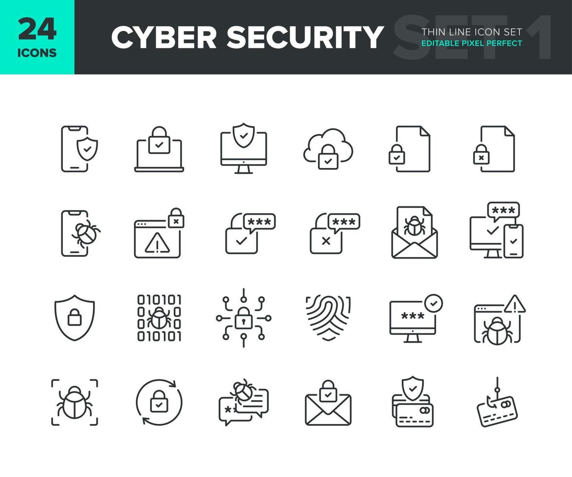 conjunto de iconos de línea de vector de seguridad cibernética. colección de iconos de privacidad y protección de Internet. símbolos de seguridad de la red de computadoras y teléfonos inteligentes. píxel editable perfecto. parte 1