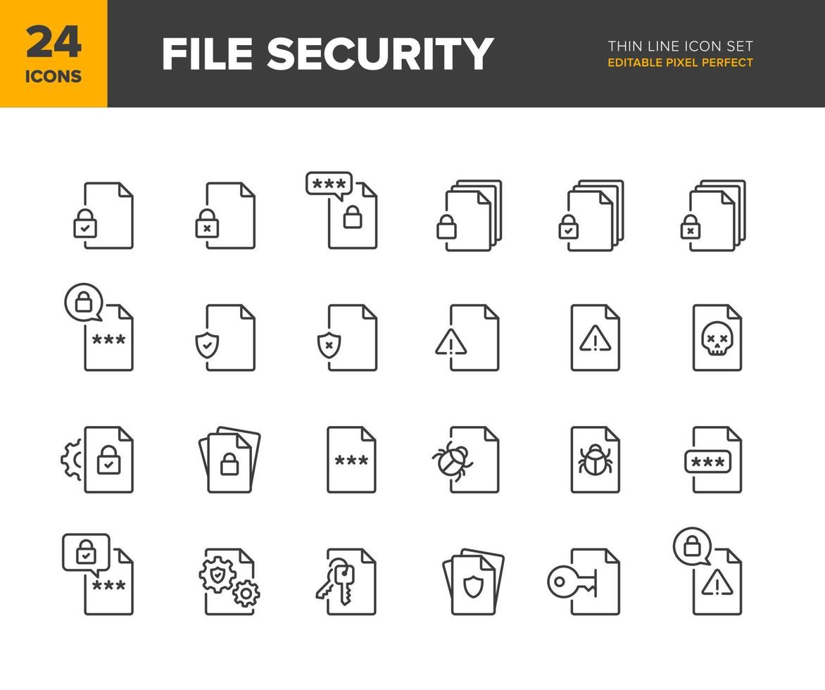 conjunto de iconos de línea vectorial de seguridad de archivos. colección de iconos de protección de documentos. diferentes variaciones del símbolo seguro de archivo. píxel perfecto editable vector
