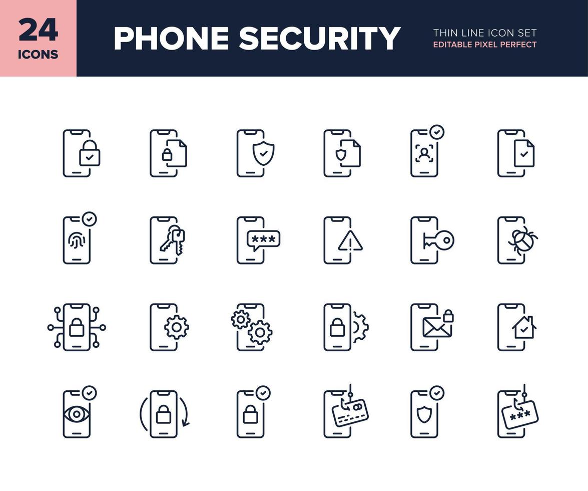 Phone security vector line icon set. Smartphone network security symbols. Telephone internet privacy and protection icon collection. Editable pixel perfect