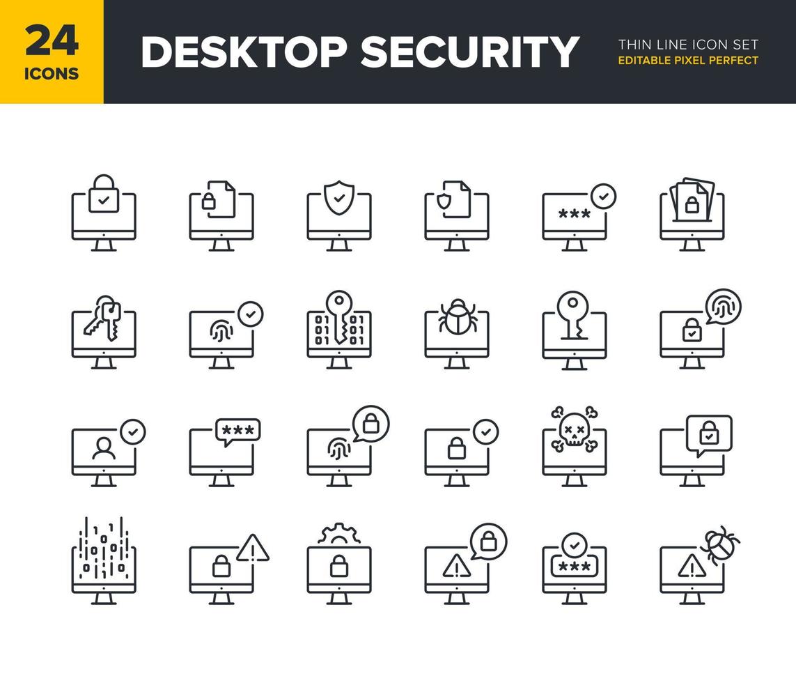 conjunto de iconos de línea de vector de seguridad de escritorio. colección de iconos de protección y privacidad de la computadora. símbolos de seguridad de la red informática. píxel perfecto editable