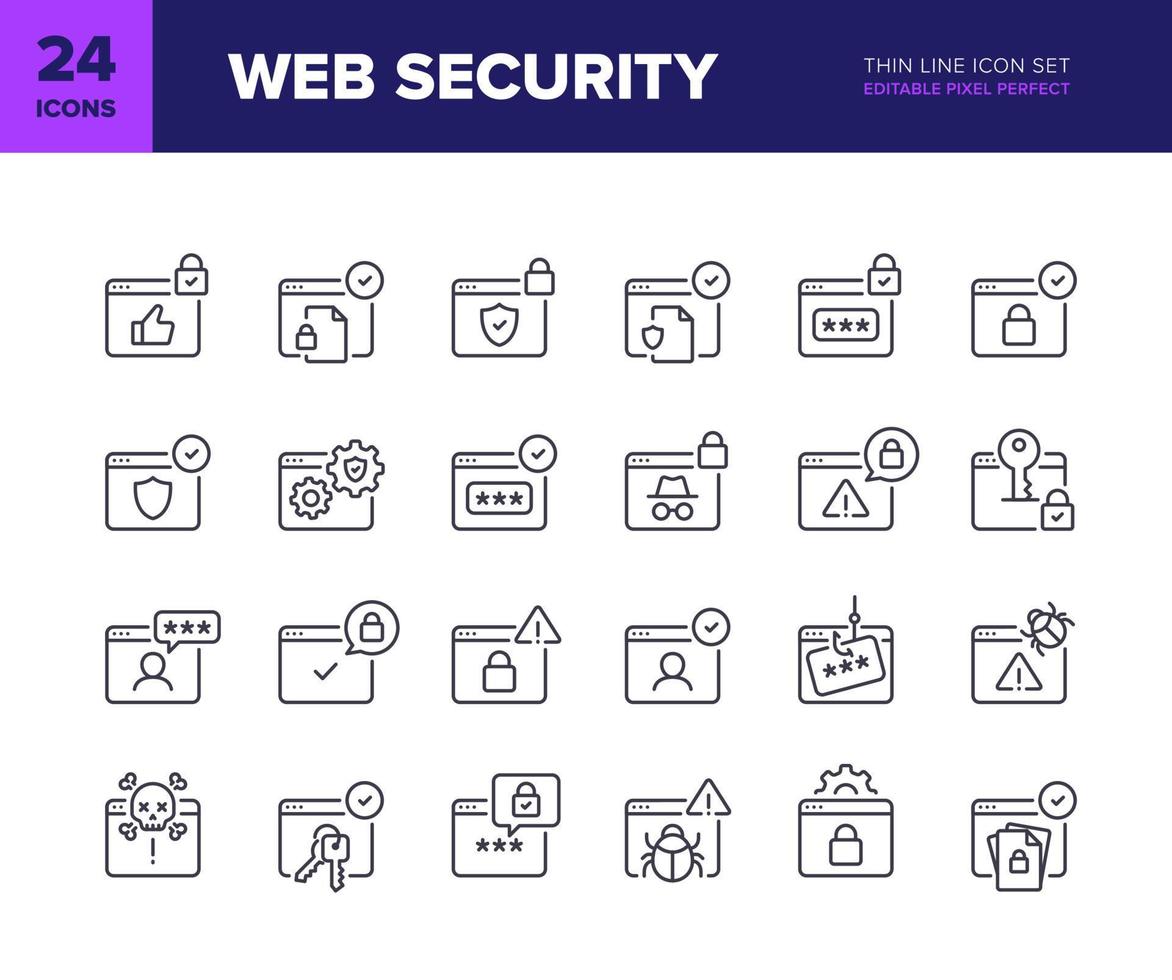 Web security vector line icon set. Website privacy and personal data protection icon collection. Web page internet security symbols. Editable pixel perfect