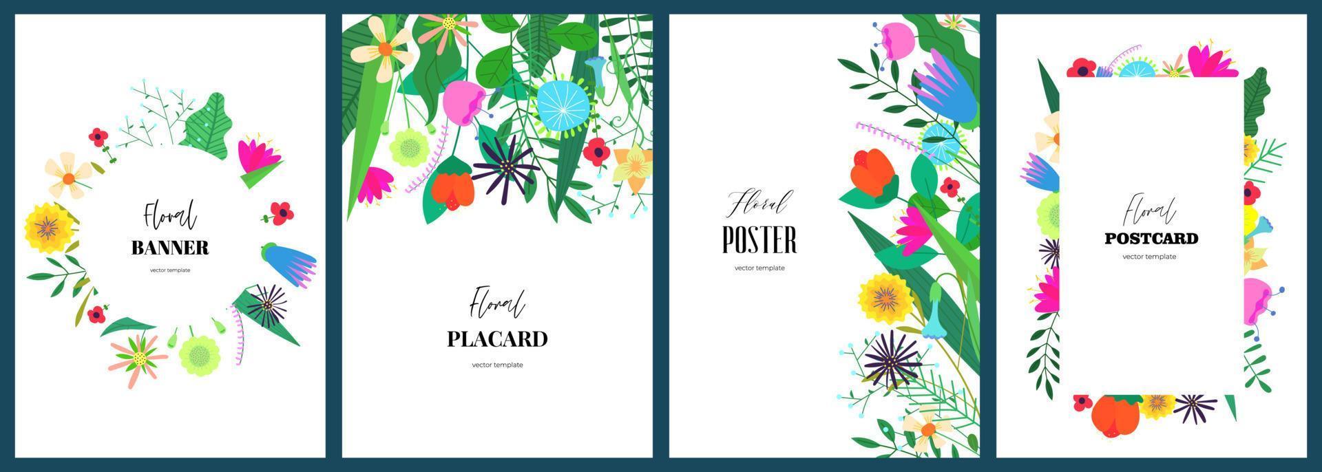 Poster templates with abstract drawing flowers. Floral art hand drawn placard set. Botanical elements on spring holiday cover collection. Banners with summer blooms. Herbal plants postcard eps design vector