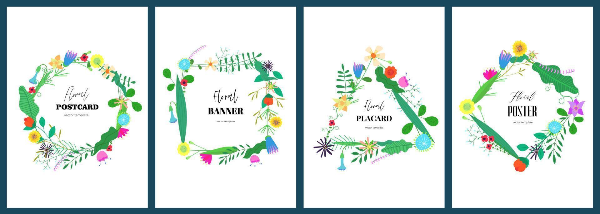 Banner templates with abstract drawing flowers geometric figure wreath set. Round, triangular, square and rhombus floral bouquet art card collection. Spring and summer blooms poster. Herbal eps plants vector