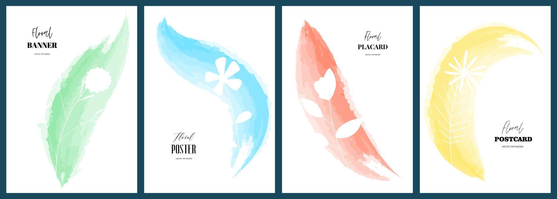 Poster design set with abstract watercolor drawing flowers. Floral art hand drawn placards. Botanical artistic paint brush cover collection. Banners with summer blooms. Herbal plants eps postcard vector