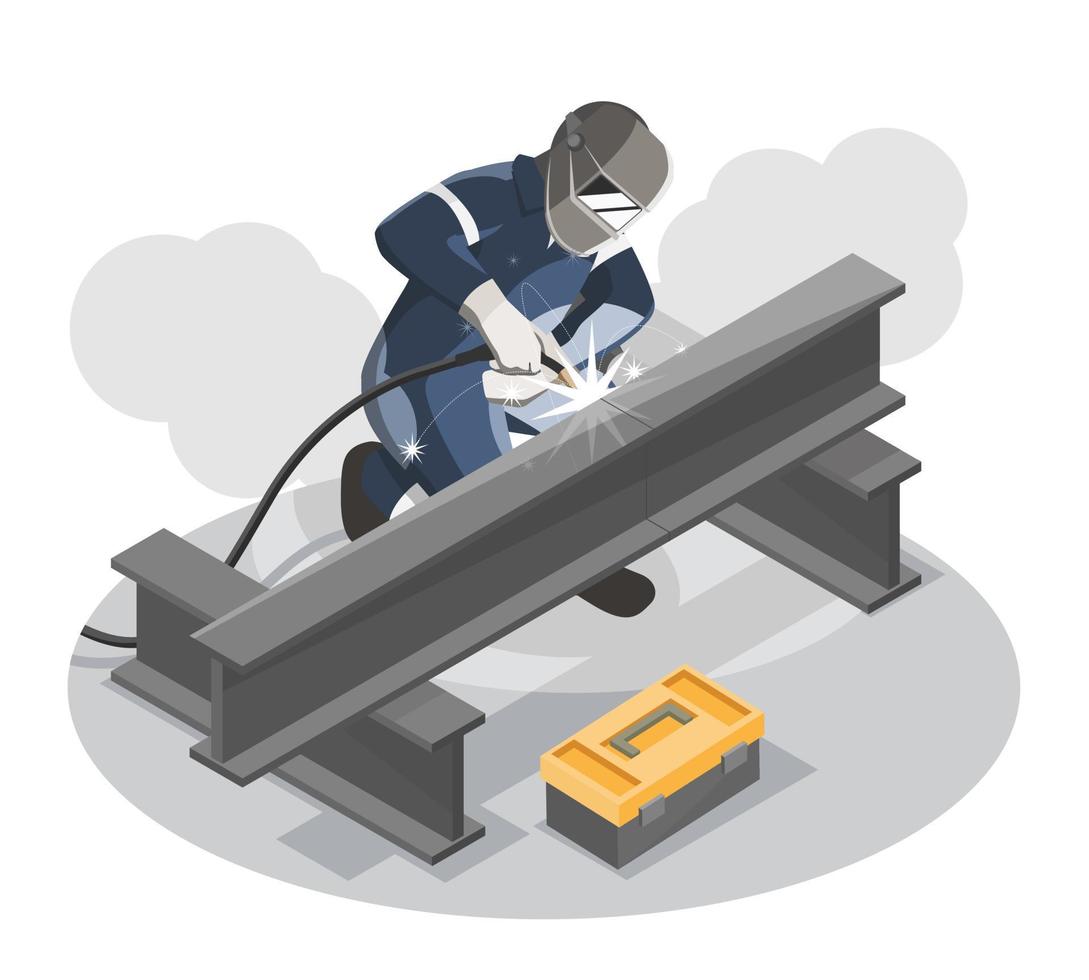 Welder two handymen performing welding  Metalworker Industry Technician worker working on Manufacturing  at factory workplace labor concept isometric Isolated vector illustration