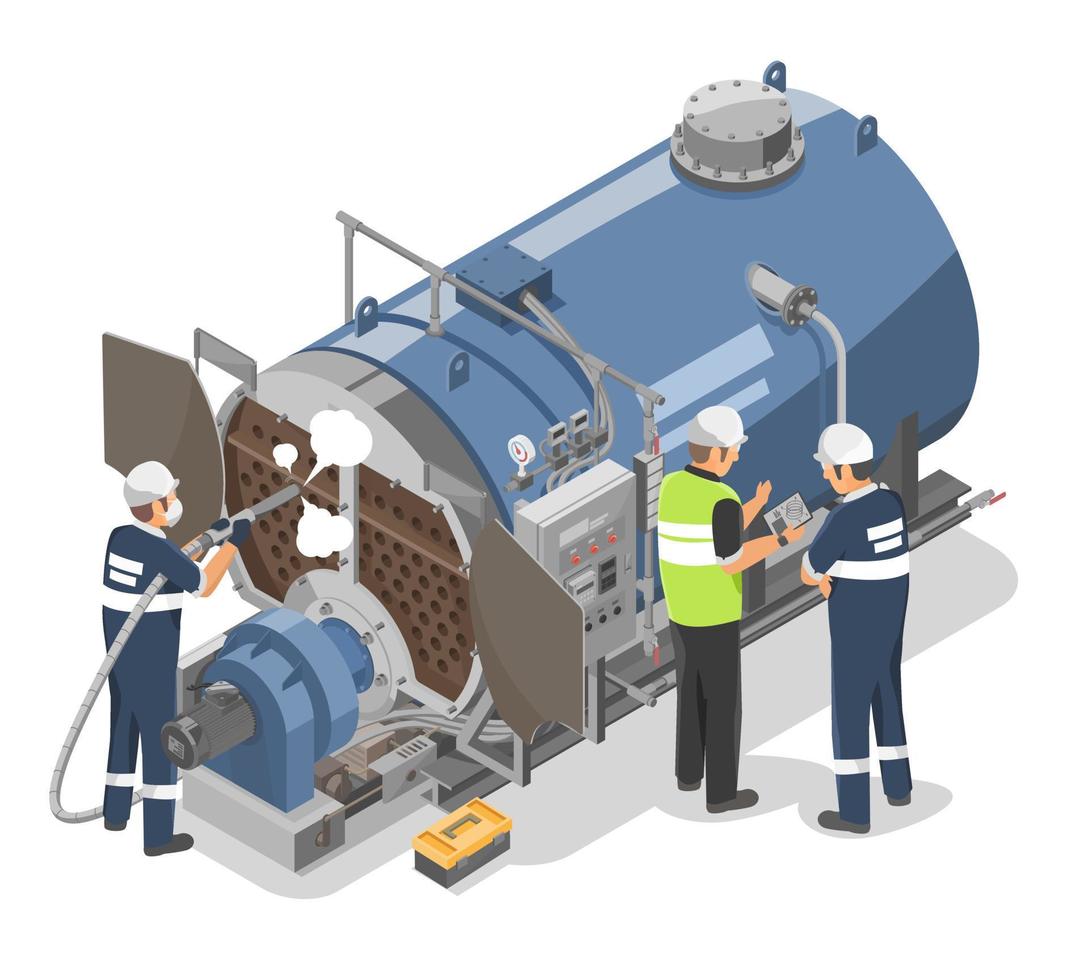 Industrial Boiler Cleaning and Maintenance and Inspection Inspector Engineer and Technician working Duty Factory Machine isometric vector isolated