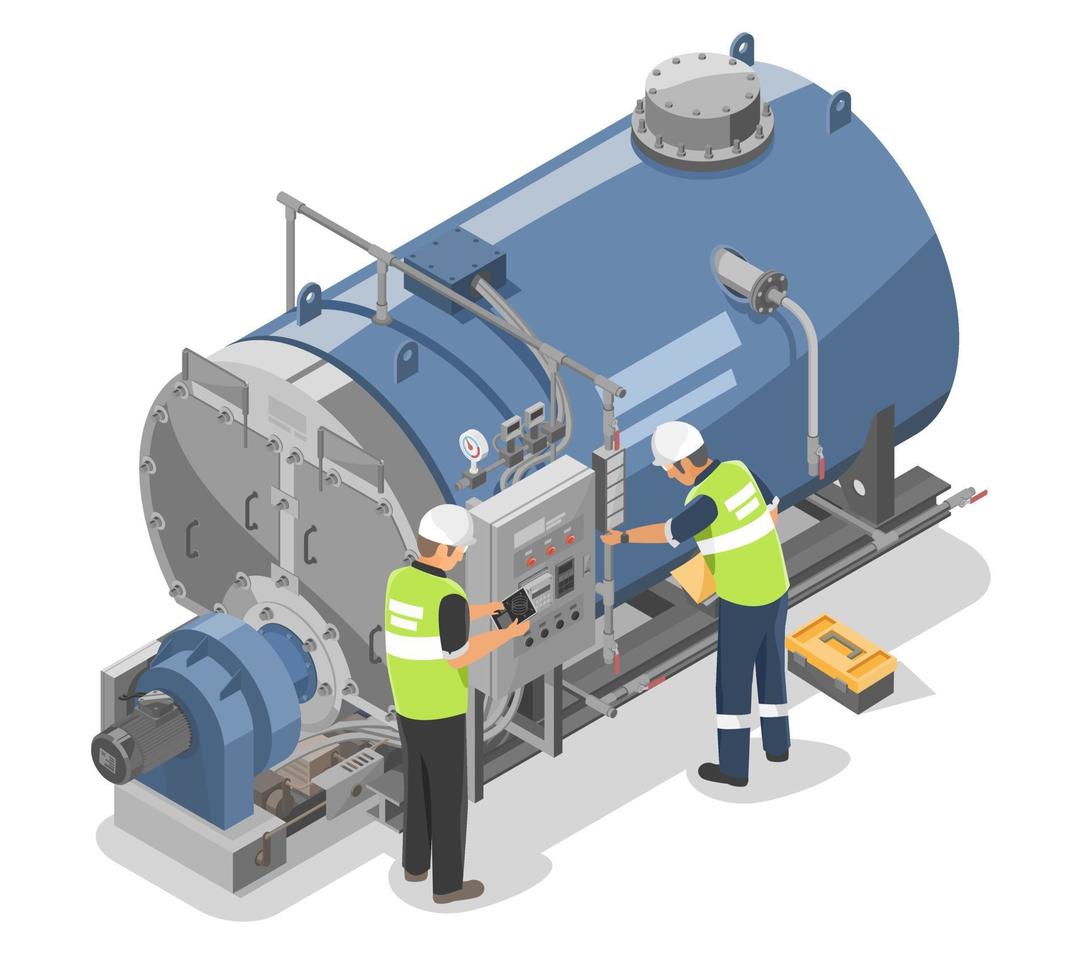 Industrial Boiler Inspection and Maintenance Inspector Engineer and Technician working Duty Factory Machine isometric vector isolated