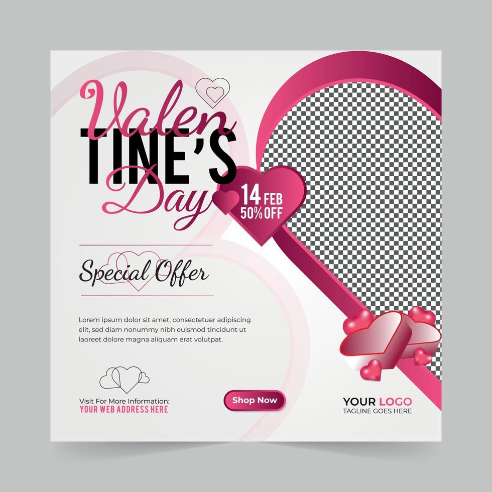 Editable Valentine's Day square social media post with a heart shape design background for digital marketing promotion ads sales and discount web banner template vector