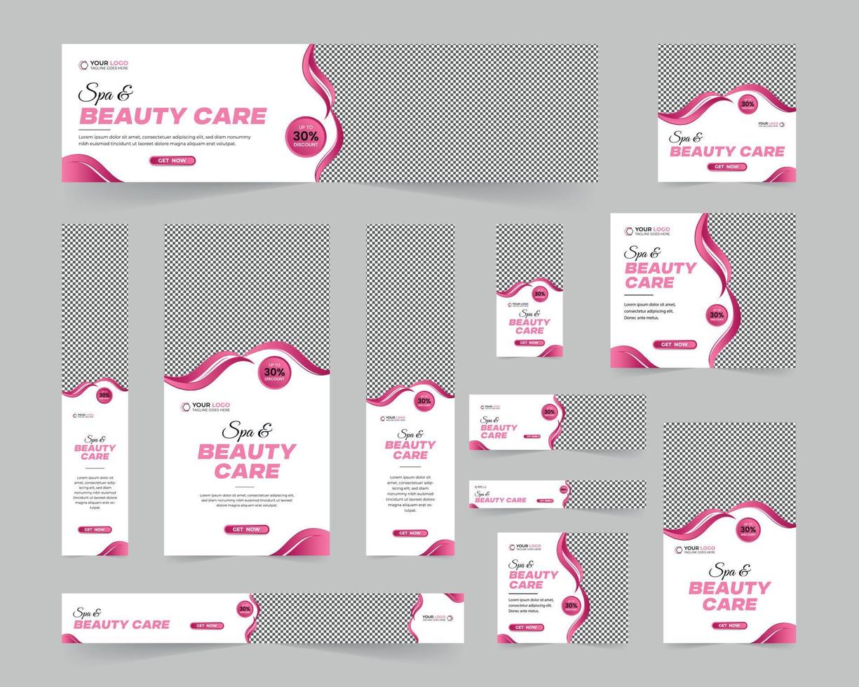 Modern Spa Beauty Care standard size web banners set, Business ad banner cover header background for website design, Social media cover ads discount banner template vector