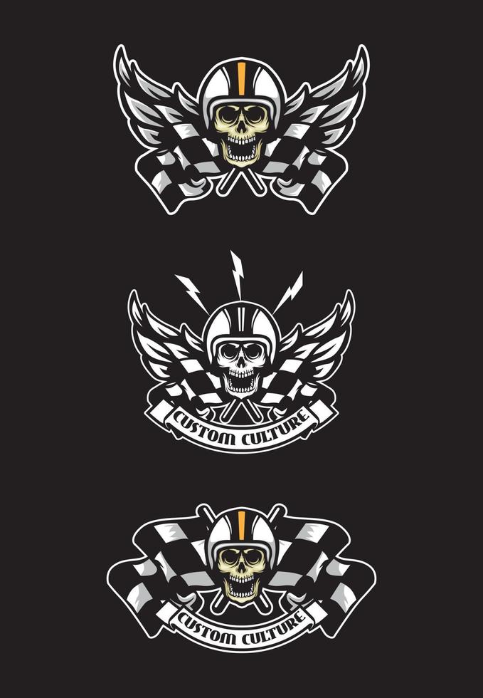 Skull biker wings emblem set vector