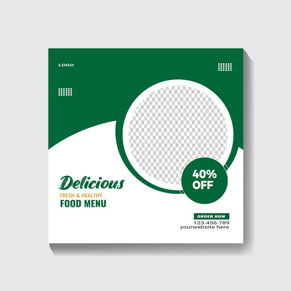 Fresh and healthy food menu social media post design for the restaurants. Food menu discount template design with green and white colors. Online food business promotion template vector. vector